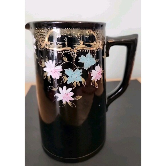 Vintage Chatsworth England Medium Pitcher, Black w Raised Flowers/Gold Design - Picture 2 of 8